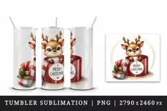 Watercolor cute reindeer inside gift box round Merry Christmas quote print 20 oz tumbler skinny mug wrap clipart t-shirt sublimation printable design