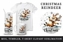 Watercolor cute reindeer joyful smile snowflakes Merry Christmas quote print 20oz tumbler skinny mug wrap clipart t-shirt sublimation printable design
