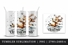 Watercolor cute reindeer joyful smile snowflakes Merry Christmas quote print 20oz tumbler skinny mug wrap clipart t-shirt sublimation printable design