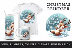 Watercolor cute reindeer joyful snowflakes Merry Christmas quote print 20 oz tumbler skinny mug wrap clipart t-shirt sublimation printable design