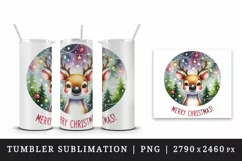 Watercolor cute reindeer lights baubles round Merry Christmas quote print 20 oz tumbler skinny mug wrap clipart t-shirt sublimation printable design