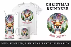 Watercolor cute reindeer lights baubles round Merry Christmas quote print 20 oz tumbler skinny mug wrap clipart t-shirt sublimation printable design