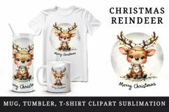 Watercolor cute reindeer lights in antlers Merry Christmas quote print 20 oz tumbler skinny mug wrap clipart t-shirt sublimation printable design