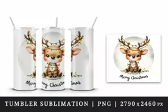 Watercolor cute reindeer lights in antlers Merry Christmas quote print 20 oz tumbler skinny mug wrap clipart t-shirt sublimation printable design