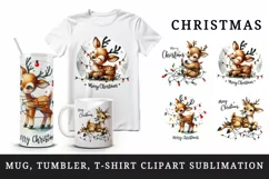 Watercolor cute reindeer lights Merry Christmas quote New Year winter print 20 oz tumbler skinny mug wrap clipart t-shirt sublimation printable design
