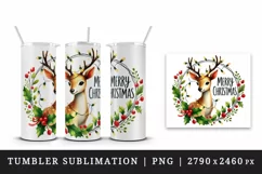 Watercolor cute reindeer lights Merry Christmas quote New Year winter print 20 oz tumbler skinny mug wrap clipart t-shirt sublimation printable design