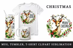 Watercolor cute reindeer lights Merry Christmas quote New Year winter print 20 oz tumbler skinny mug wrap clipart t-shirt sublimation printable design
