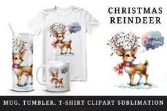 Watercolor cute reindeer lights tangled antlers Merry Christmas quote print 20 oz tumbler skinny mug wrap clipart t-shirt sublimation printable design