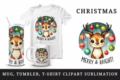 Watercolor cute reindeer Merry and Bright quote Christmas New Year winter print tumbler skinny mug wrap clipart t-shirt sublimation printable design