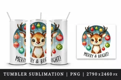 Watercolor cute reindeer Merry and Bright quote Christmas New Year winter print tumbler skinny mug wrap clipart t-shirt sublimation printable design