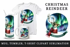 Watercolor cute reindeer Northern Lights night Merry Christmas quote print 20 oz tumbler skinny mug wrap clipart t-shirt sublimation printable design
