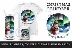 Watercolor cute reindeer Northern Lights night Merry Christmas quote print 20 oz tumbler skinny mug wrap clipart t-shirt sublimation printable design