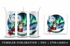 Watercolor cute reindeer Northern Lights night Merry Christmas quote print 20 oz tumbler skinny mug wrap clipart t-shirt sublimation printable design
