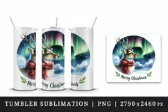 Watercolor cute reindeer Northern Lights night Merry Christmas quote print 20 oz tumbler skinny mug wrap clipart t-shirt sublimation printable design