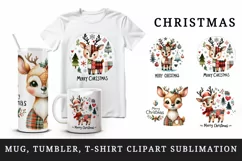 Watercolor cute reindeer patchwork Merry Christmas quote New Year winter print tumbler skinny mug wrap clipart t-shirt sublimation printable design