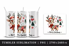 Watercolor cute reindeer patchwork round format Merry Christmas quote print 20 oz tumbler skinny mug wrap clipart t-shirt sublimation printable design