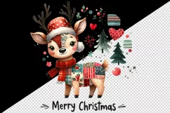 Watercolor cute reindeer patchwork round format Merry Christmas quote print 20 oz tumbler skinny mug wrap clipart t-shirt sublimation printable design