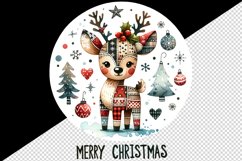 Watercolor cute reindeer patchwork round format Merry Christmas quote print 20 oz tumbler skinny mug wrap clipart t-shirt sublimation printable design