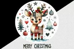Watercolor cute reindeer patchwork round format Merry Christmas quote print 20 oz tumbler skinny mug wrap clipart t-shirt sublimation printable design