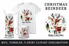 Watercolor cute reindeer patchwork round format Merry Christmas quote print 20 oz tumbler skinny mug wrap clipart t-shirt sublimation printable design