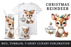 Watercolor cute reindeer patchwork round format Merry Christmas quote print 20 oz tumbler skinny mug wrap clipart t-shirt sublimation printable design