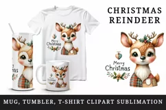 Watercolor cute reindeer patchwork round format Merry Christmas quote print 20 oz tumbler skinny mug wrap clipart t-shirt sublimation printable design