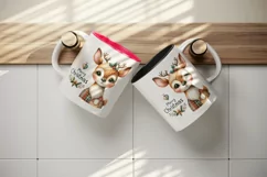 Watercolor cute reindeer patchwork round format Merry Christmas quote print 20 oz tumbler skinny mug wrap clipart t-shirt sublimation printable design