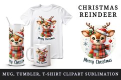 Watercolor cute reindeer patchwork round format Merry Christmas quote print 20 oz tumbler skinny mug wrap clipart t-shirt sublimation printable design