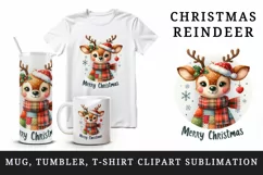 Watercolor cute reindeer patchwork round format Merry Christmas quote print 20 oz tumbler skinny mug wrap clipart t-shirt sublimation printable design