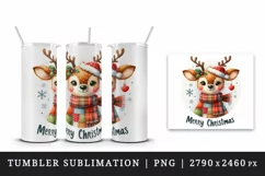 Watercolor cute reindeer patchwork round format Merry Christmas quote print 20 oz tumbler skinny mug wrap clipart t-shirt sublimation printable design