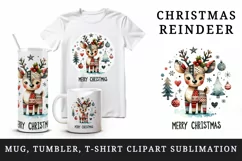 Watercolor cute reindeer patchwork round format Merry Christmas quote print 20 oz tumbler skinny mug wrap clipart t-shirt sublimation printable design