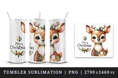 Watercolor cute reindeer patchwork round format Merry Christmas quote print 20 oz tumbler skinny mug wrap clipart t-shirt sublimation printable design
