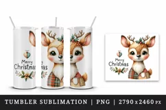Watercolor cute reindeer patchwork round format Merry Christmas quote print 20 oz tumbler skinny mug wrap clipart t-shirt sublimation printable design
