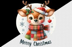 Watercolor cute reindeer patchwork round format Merry Christmas quote print 20 oz tumbler skinny mug wrap clipart t-shirt sublimation printable design