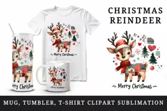 Watercolor cute reindeer patchwork round format Merry Christmas quote print 20 oz tumbler skinny mug wrap clipart t-shirt sublimation printable design