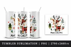 Watercolor cute reindeer patchwork round format Merry Christmas quote print 20 oz tumbler skinny mug wrap clipart t-shirt sublimation printable design