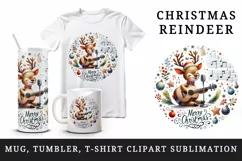 Watercolor cute reindeer playing guitar musical Merry Christmas quote print 20 oz tumbler skinny mug wrap clipart t-shirt sublimation printable design