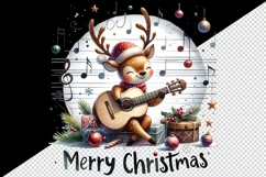 Watercolor cute reindeer playing guitar musical Merry Christmas quote print 20 oz tumbler skinny mug wrap clipart t-shirt sublimation printable design