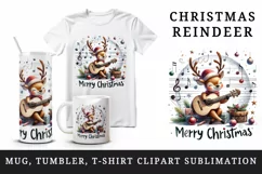 Watercolor cute reindeer playing guitar musical Merry Christmas quote print 20 oz tumbler skinny mug wrap clipart t-shirt sublimation printable design