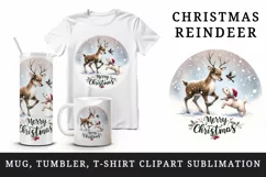 Watercolor cute reindeer playing with puppy snow Merry Christmas quote print 20oz tumbler skinny mug wrap clipart t-shirt sublimation printable design