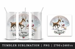 Watercolor cute reindeer playing with puppy snow Merry Christmas quote print 20oz tumbler skinny mug wrap clipart t-shirt sublimation printable design