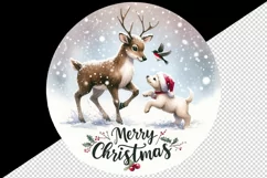 Watercolor cute reindeer playing with puppy snow Merry Christmas quote print 20oz tumbler skinny mug wrap clipart t-shirt sublimation printable design