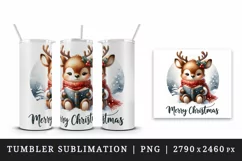 Watercolor cute reindeer reading book cozy Merry Christmas quote print 20 oz tumbler skinny mug wrap clipart t-shirt sublimation printable design