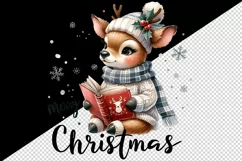 Watercolor cute reindeer reading book cozy sweater Merry Christmas quote print tumbler skinny mug wrap clipart t-shirt sublimation printable design