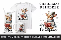 Watercolor cute reindeer reading book cozy sweater Merry Christmas quote print tumbler skinny mug wrap clipart t-shirt sublimation printable design