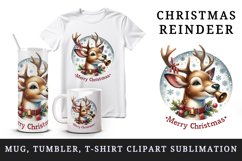 Watercolor cute reindeer ringing bells round Merry Christmas quote print 20 oz tumbler skinny mug wrap clipart t-shirt sublimation printable design