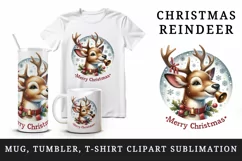 Watercolor cute reindeer ringing bells round Merry Christmas quote print 20 oz tumbler skinny mug wrap clipart t-shirt sublimation printable design