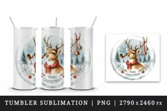 Watercolor cute reindeer ringing bells round Merry Christmas quote print 20 oz tumbler skinny mug wrap clipart t-shirt sublimation printable design