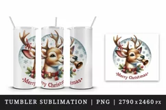 Watercolor cute reindeer ringing bells round Merry Christmas quote print 20 oz tumbler skinny mug wrap clipart t-shirt sublimation printable design