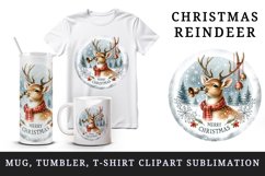 Watercolor cute reindeer ringing bells round Merry Christmas quote print 20 oz tumbler skinny mug wrap clipart t-shirt sublimation printable design